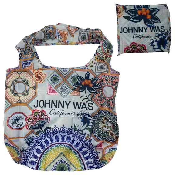 Johnny Was Reusable Shopper Tote Bag Foldable Geometric Floral Blue - Picture 1 of 7